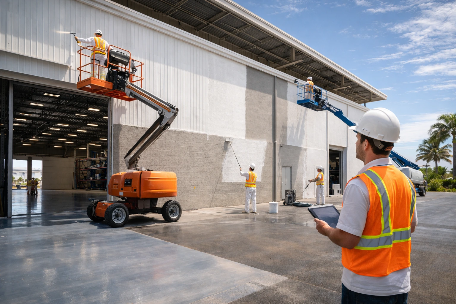 Professional painter on a lift painting a warehouse exterior