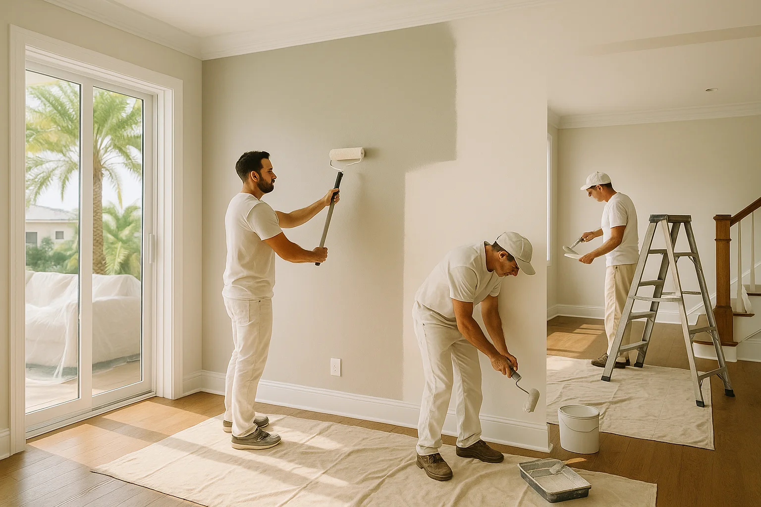 Paint roller and bucket in home interior
